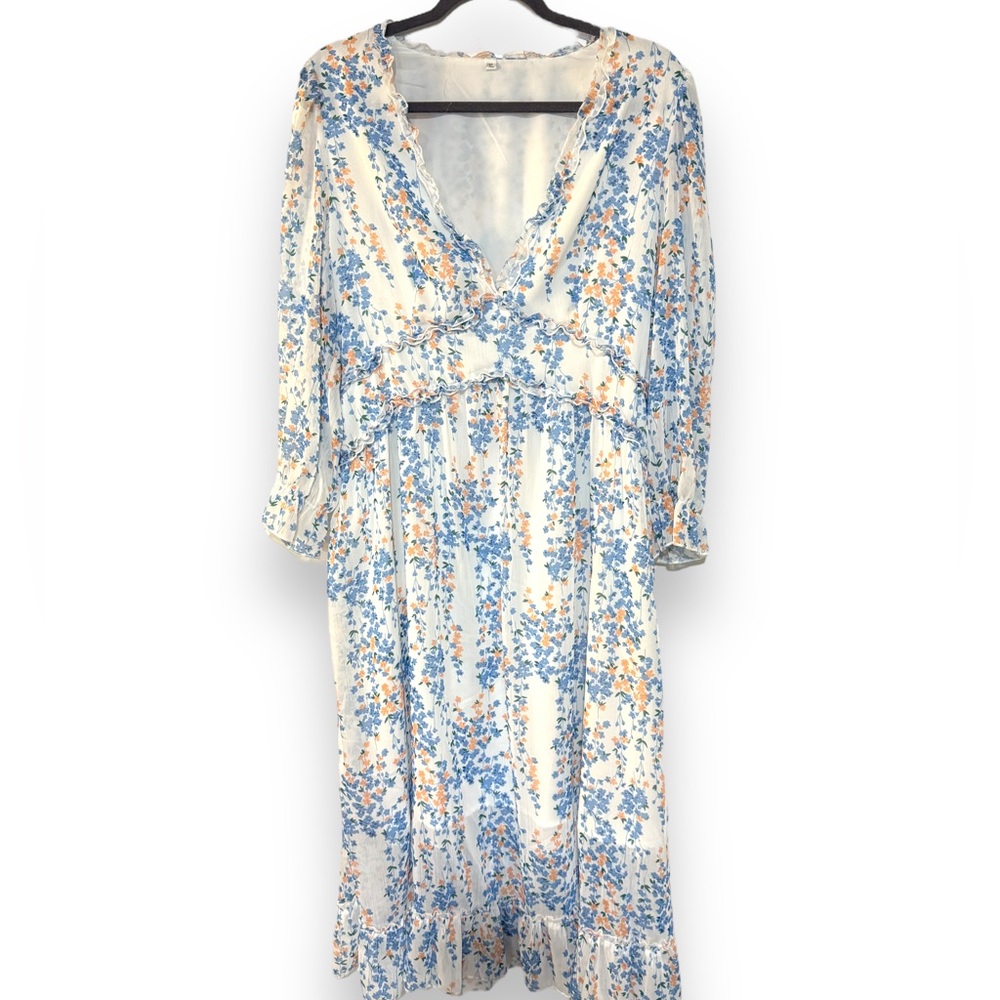 Floral V-Neck Midi Dress - Blue and White
